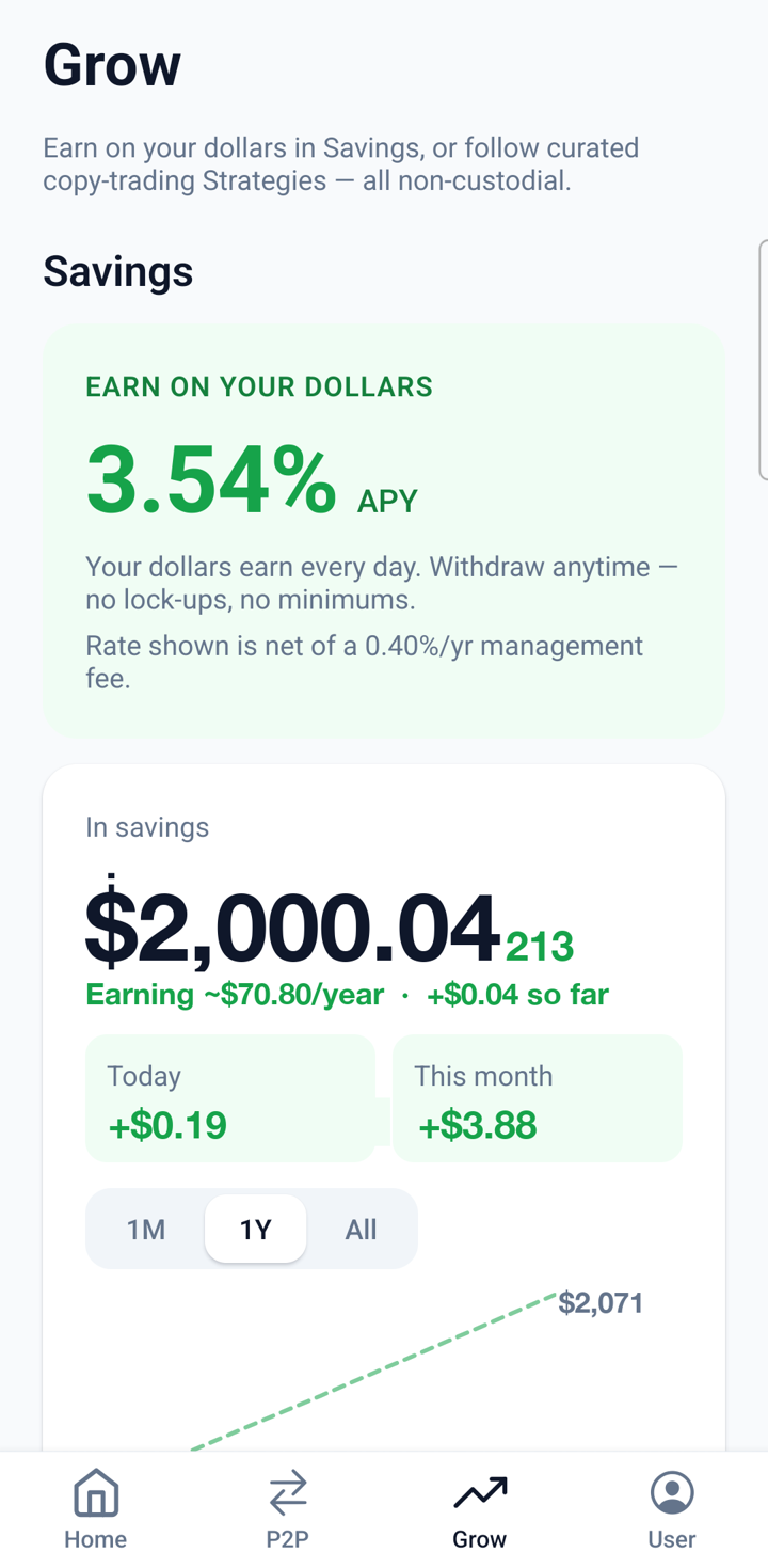 hho.cash savings screen: a 3.54% APY rate card and a live In-savings counter ticking upward.