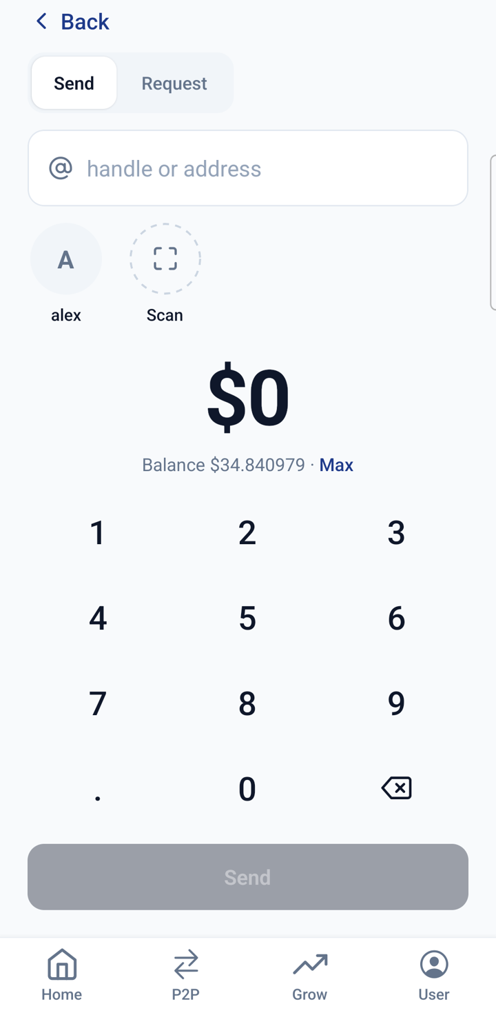 hho.cash send screen: a @handle recipient field, a numeric keypad, a large $0 amount ready to enter, and a Send button.