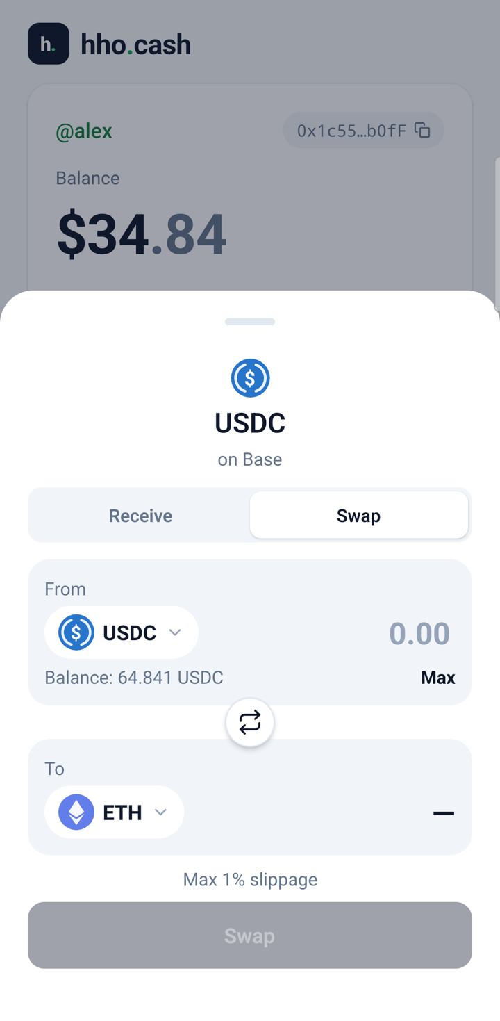 hho.cash swap sheet: converting from USDC to ETH with a flip button and a 'Max 1% slippage' note, the fee shown up front in the quote.